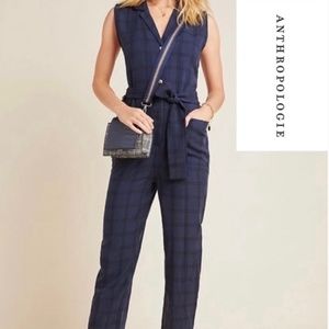 NWT Anthropologie Brielle Navy Blue Plaid Jumpsuit